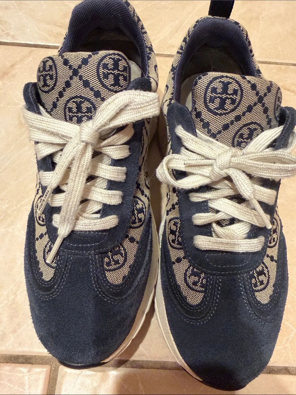 Tory Burch Navy and Beige Logo Running Sneakers